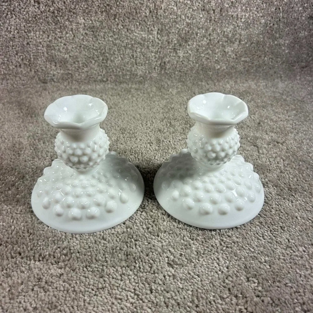 Fenton Candle Holders White Milk Glass Hobnail Vintage Set of 2